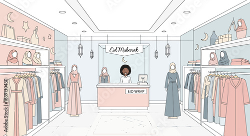 Modern Islamic Clothing Boutique Displaying Modest Apparel and Festive Decorations for Celebrations