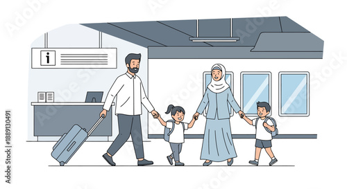 Diverse Family Arriving At Modern Transportation Hub With Luggage And Backpacks Ready For Journey And Vacation Adventure