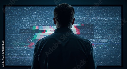 Man watching static, glitching television screen with noise and digital distortion. Concept of disinformation, cyber scams, and information overload.