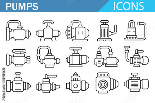 Engineering Pump Equipment Line Icons for Industrial Systems