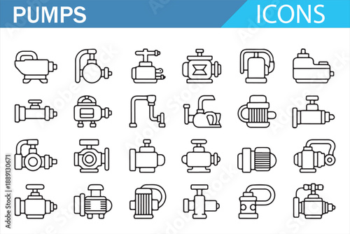 Factory Pump Equipment Outline Icons Collection on White Background