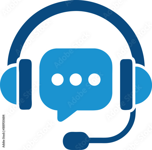 A blue headset with chat bubble showcases communication support and assistance services effectively