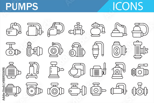 Industrial Fluid Pump Line Icon Set for Engineering and Infrastructure