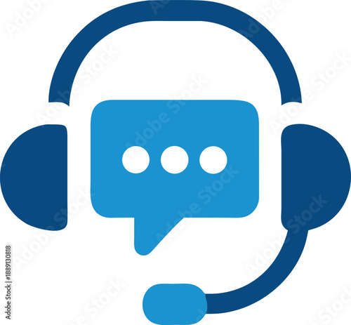 A blue headset with a speech bubble symbolizes communication and assistance online