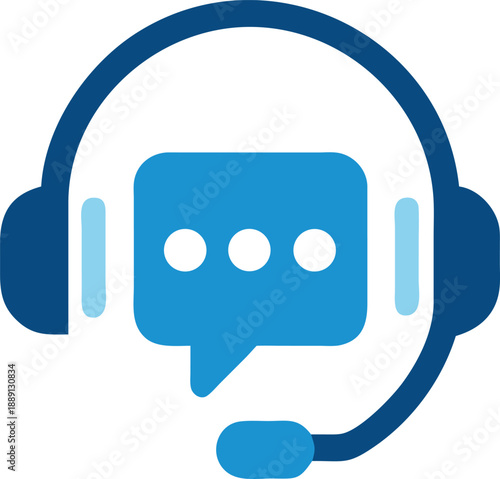 A blue headset encompasses a speech bubble with three dots inside the icon