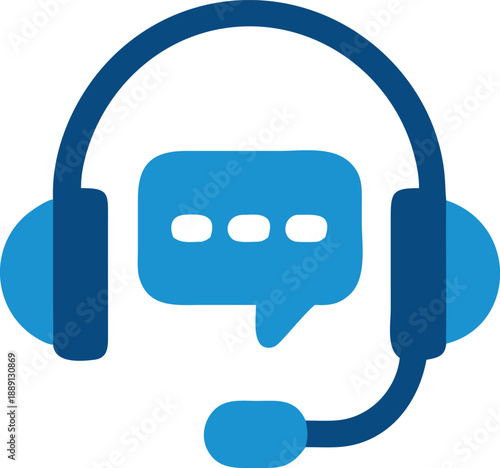 Blue headset with speech bubble shows customer support available and provides online service