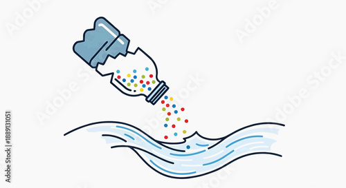 Pills spilling from a bottle into the water, illustrating a healthcare issue, depicted in a simple illustration style