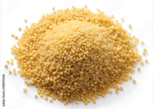 A large pile of small, round pearl couscous grains isolated on a clean white background, ready for cooking