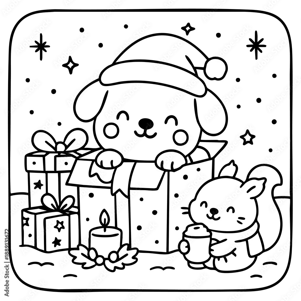 Fototapeta premium A festive illustration of a cheerful dog in a Santa hat peeking from a gift box, accompanied by a cute squirrel holding a cup, surrounded by holiday decorations.