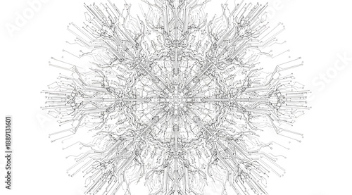Intricate symmetrical geometric pattern resembling snowflake or mandala with radial precision and fine lines, symbolizing mathematical harmony, abstract design, and artistic complexity in visual compo