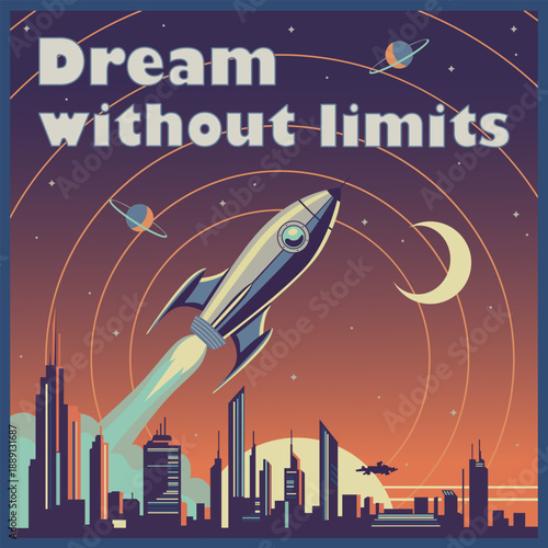 A retro poster in a futuristic style. A rocket flies over a city. The caption reads, "Dream Without Limits."