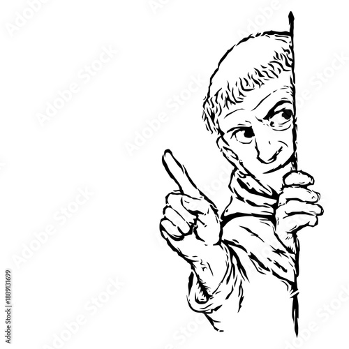 Medieval Marginalia Style Man Peeking and Pointing Finger in Absurd Naive Manuscript Illustration