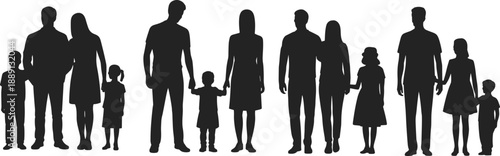 Multiple family silhouettes standing together parents children holding hands, representing unity, bonding, modern lifestyle, parenting themes, relationships, family values for design educational uses.