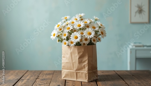 Rustic still life of a fresh daisy bouquet in a paper bag on a wooden table.