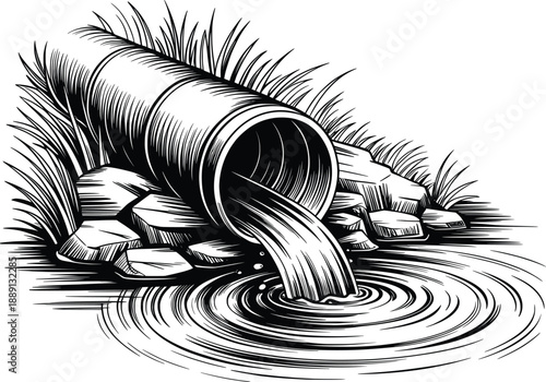 Flowing Water Pipe Line Art, Drainage Stream Illustration.