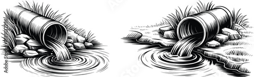 Flowing Water Pipe Line Art, Drainage Stream Illustration.