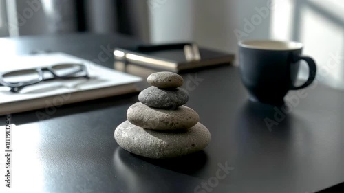 Wallpaper Mural Balanced stone stack on modern desk with soft natural light, coffee cup and workspace elements creating a calm minimalist office atmosphere Torontodigital.ca
