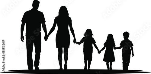 Silhouette of family walking together holding hands, parents with three young children symbolizing parenting, bonding, lifestyle, love, support, unity, and family values for modern design themes.