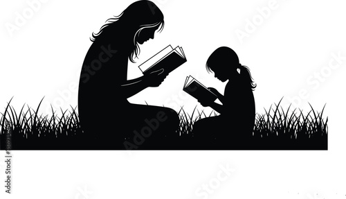 Silhouette of adult and child reading books on grass, peaceful bonding moment, promoting education, family connection, and outdoor learning in minimalist style