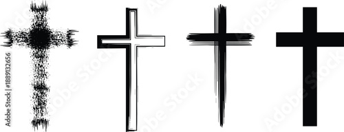 Stylized black silhouette illustration of four Christian crosses in pixelated, outlined, brushstroke, and minimal styles representing faith, religion, and spiritual symbolism.