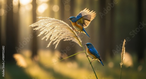Two vibrant blue birds perched on tall grass in sunny forest