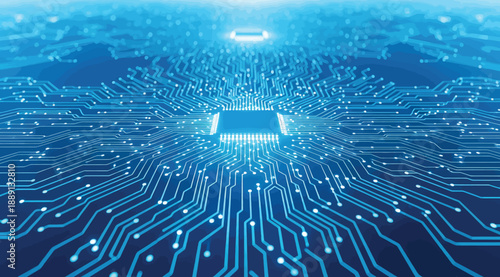 Digital circuit board with glowing central microchip and interconnected pathways on blue background, symbolizing computing power, data flow, and the complexity of modern electronic and technological i
