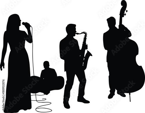 Silhouette of jazz band performing on stage with singer, saxophone player, percussionist, symbolizing music, creativity, entertainment, culture, teamwork, concert performance and artistic expression.
