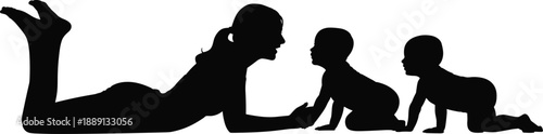 Silhouette of mother lying on floor interacting with two crawling babies, symbolizing parenting, bonding, early childhood, development, love, family values, and nurturing lifestyle themes.