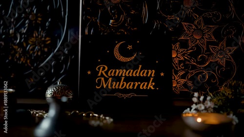 Wallpaper Mural Elegant Ramadan Mubarak greeting with ornate Islamic patterns, crescent motifs, warm candlelight and luxurious dark decorative setting Torontodigital.ca