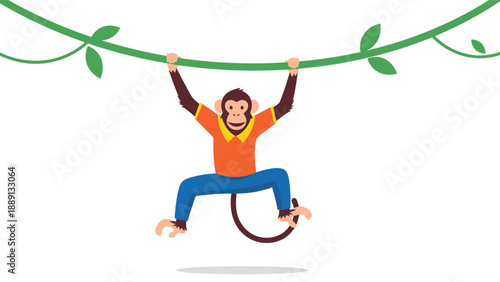 Playful monkey wearing an orange shirt and blue pants hangs from a green vine with leaves, depicting a lively and fun jungle scene for kids.