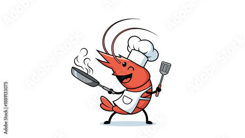 Happy shrimp chef wearing a white hat and apron cooks with a frying pan and spatula, bringing a fun culinary theme to this bright vector artwork.