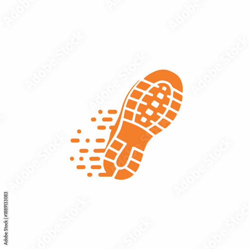 Dynamic orange shoe print with dissolving trail symbolizing speed and movement.
