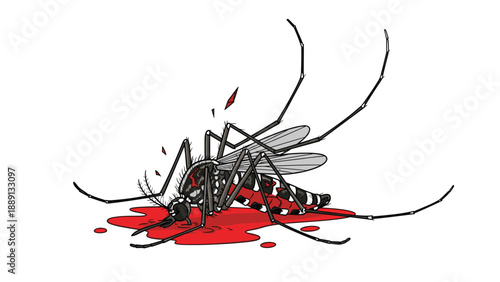 Dead mosquito lies in a pool of red blood after being swatted, illustrating pest control and the end of an annoying insect problem in a simple style.