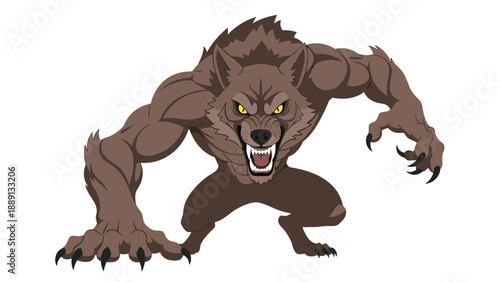 Powerful werewolf with glowing yellow eyes and sharp claws crouches in a menacing pose, depicting a classic mythological monster in a comic style.