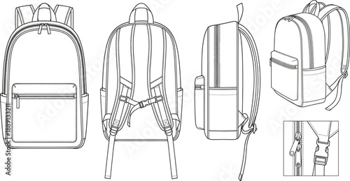 Technical Backpack Illustration Showing Front, Back, Side, Three-Quarter Views and Close-Up Details of Zipper and Strap Components