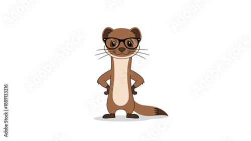 Smart weasel character wearing black-rimmed glasses stands with hands on its hips, looking confident and clever in this unique animal illustration.