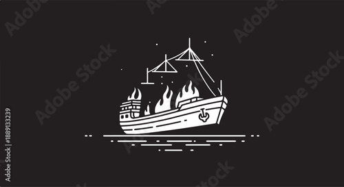 Minimalist Line Art Illustration of a Burning Ship at Night