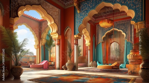 Grand hall with traditional Indian and Moroccan palace decor.