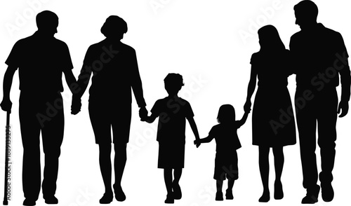 Silhouette of multigenerational family walking together holding hands, support, family values, relationships, bonding, and lifestyle for social and educational design themes.