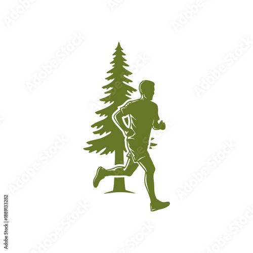 Man running in front of a pine tree silhouette.