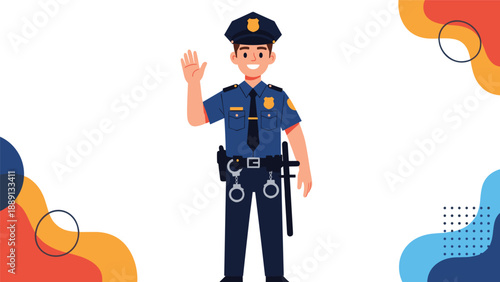 Friendly police officer in a blue uniform waves with a smile, representing community safety and approachable law enforcement in this vector design.