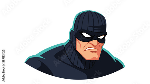 Sinister thief wearing a black mask and a knit cap looks angry and determined, illustrating a classic criminal character for security concepts.