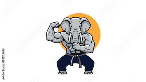 Muscular elephant bodybuilder with a black belt poses confidently against a sun background, representing strength and discipline in martial arts.