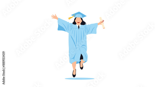 Happy female graduate in a blue academic gown and cap jumps with joy while holding her diploma, celebrating a significant educational milestone.