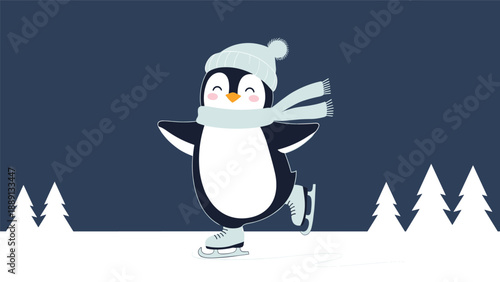 Cute penguin wearing a blue hat and scarf enjoys ice skating on a frozen pond with pine trees in the background, depicting a sweet winter scene.