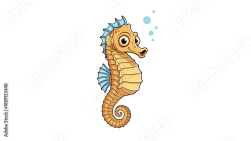 Elegant seahorse with orange scales and blue fins swims gracefully underwater with bubbles, showcasing the beauty of marine life in a drawing.
