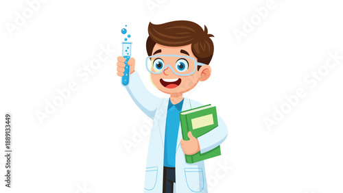 Curious boy scientist wearing a white lab coat and goggles holds a test tube with blue liquid and a book, encouraging interest in STEM subjects.