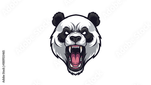 Fierce panda head mascot with an aggressive expression showing sharp teeth and glowing white eyes on a plain background.