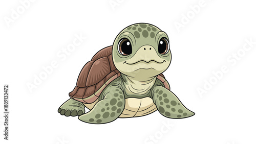 Adorable baby sea turtle with a brown shell crawls forward with a gentle expression, capturing a sweet moment of a young marine animal in art.