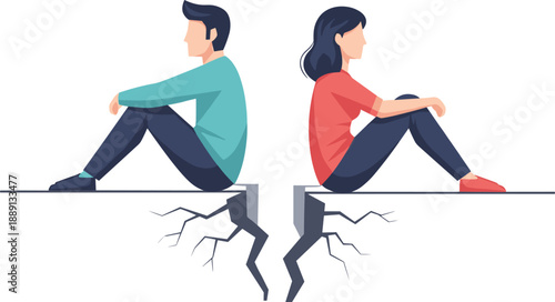 Emotional separation illustration of man and woman sitting apart on cracked ground, symbolizing relationship conflict and communication breakdown